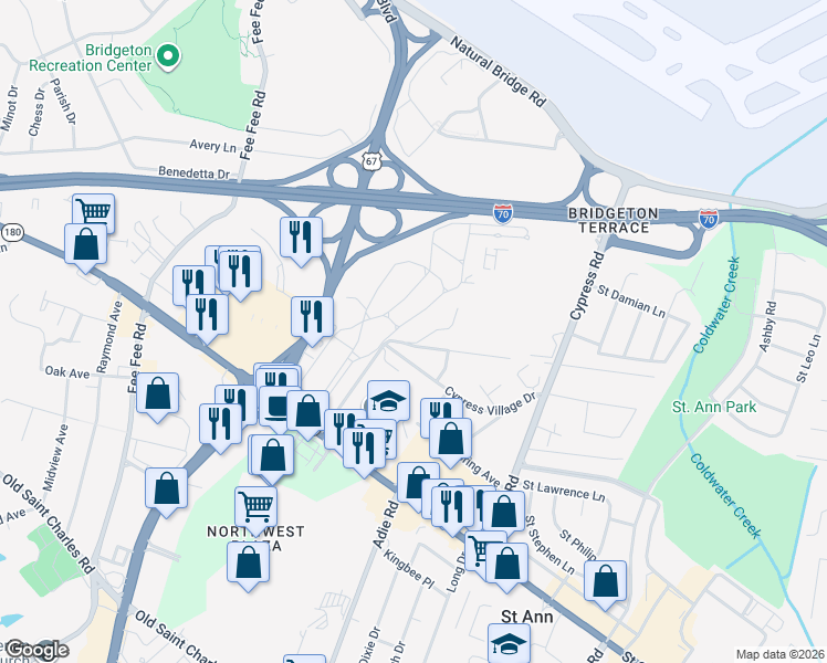 map of restaurants, bars, coffee shops, grocery stores, and more near 11360 Gardenview Lane in Saint Ann