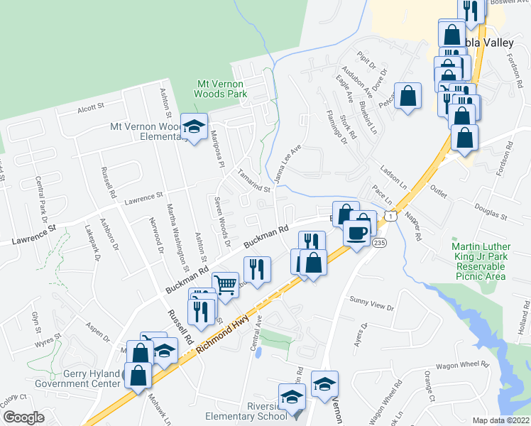 map of restaurants, bars, coffee shops, grocery stores, and more near 3917 Woodhue Place in Alexandria