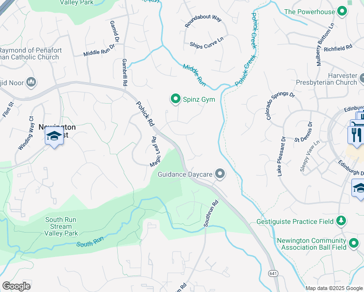 map of restaurants, bars, coffee shops, grocery stores, and more near 8227 Running Creek Court in Springfield