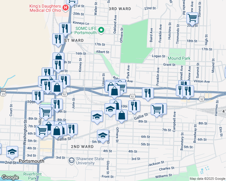 map of restaurants, bars, coffee shops, grocery stores, and more near 1413 11th Street in Portsmouth