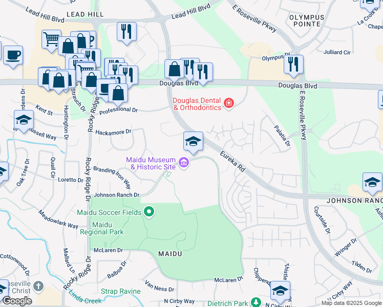 map of restaurants, bars, coffee shops, grocery stores, and more near 1970 Johnson Ranch Drive in Roseville