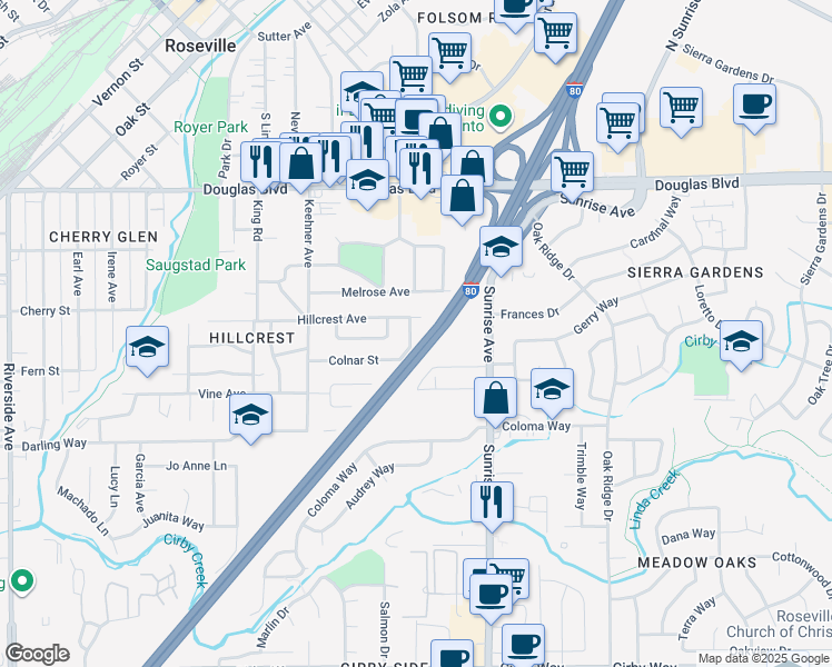 map of restaurants, bars, coffee shops, grocery stores, and more near 410 Lemar Drive in Roseville