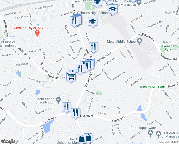map of restaurants, bars, coffee shops, grocery stores, and more near 10156 Dumfries Road in Manassas