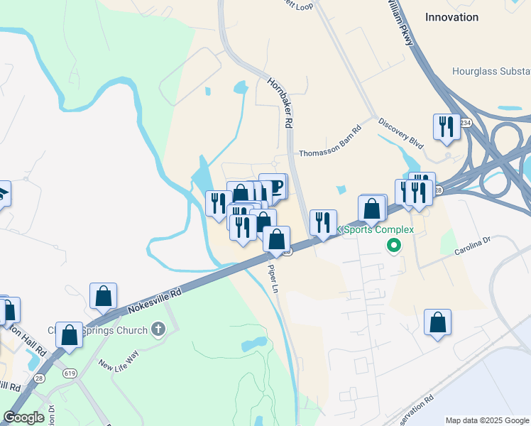 map of restaurants, bars, coffee shops, grocery stores, and more near 9900 Sowder Village Square in Manassas