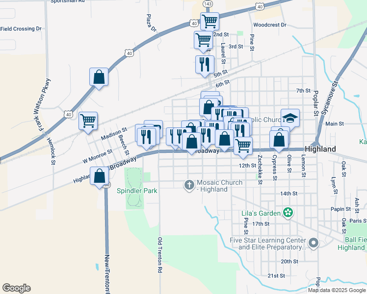 map of restaurants, bars, coffee shops, grocery stores, and more near 604 Broadway in Highland