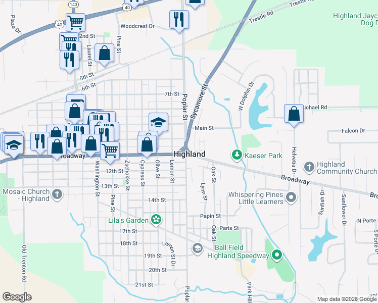 map of restaurants, bars, coffee shops, grocery stores, and more near in Highland