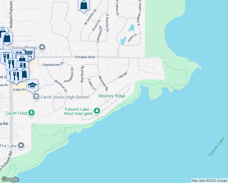 map of restaurants, bars, coffee shops, grocery stores, and more near 7725 Sierra Drive in Granite Bay