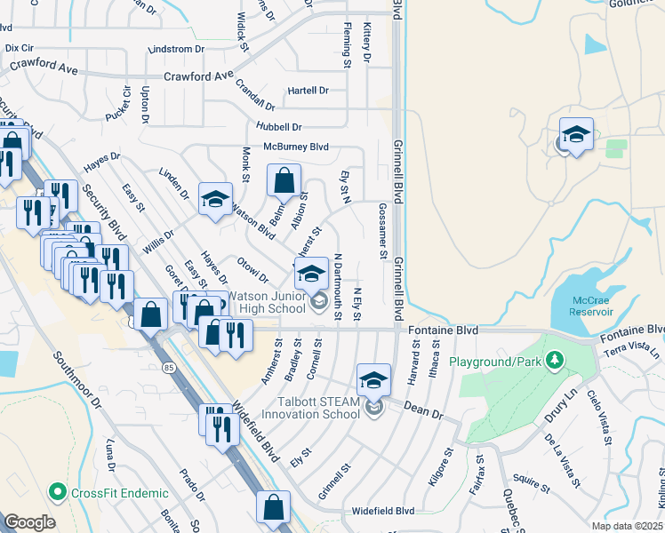 map of restaurants, bars, coffee shops, grocery stores, and more near 24 North Dartmouth Street in Colorado Springs
