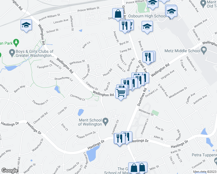 map of restaurants, bars, coffee shops, grocery stores, and more near 9327 Garst Drive in Manassas