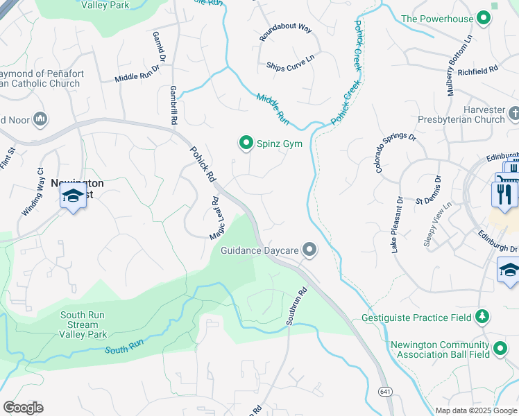 map of restaurants, bars, coffee shops, grocery stores, and more near 8227 Running Creek Court in Springfield
