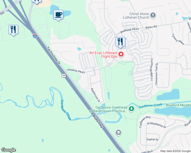 map of restaurants, bars, coffee shops, grocery stores, and more near 1000 Applerock Drive in O'Fallon