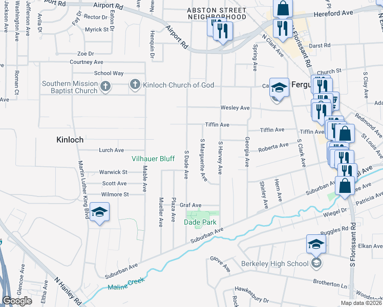 map of restaurants, bars, coffee shops, grocery stores, and more near 268 South Dade Avenue in Ferguson