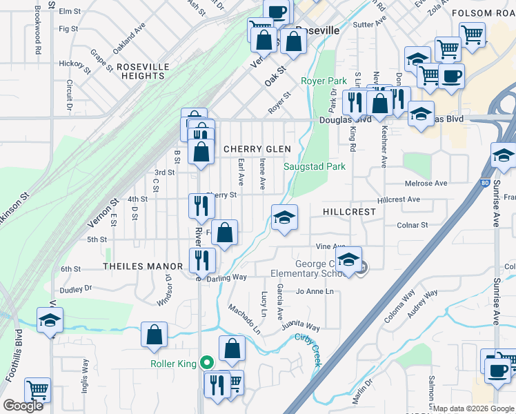 map of restaurants, bars, coffee shops, grocery stores, and more near 338 Irene Avenue in Roseville
