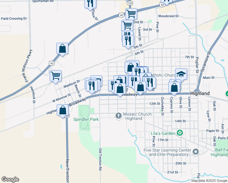 map of restaurants, bars, coffee shops, grocery stores, and more near 604 Broadway in Highland