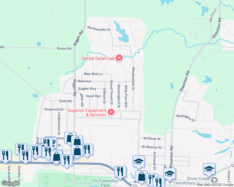map of restaurants, bars, coffee shops, grocery stores, and more near 521 Wood Thrush Street in Troy