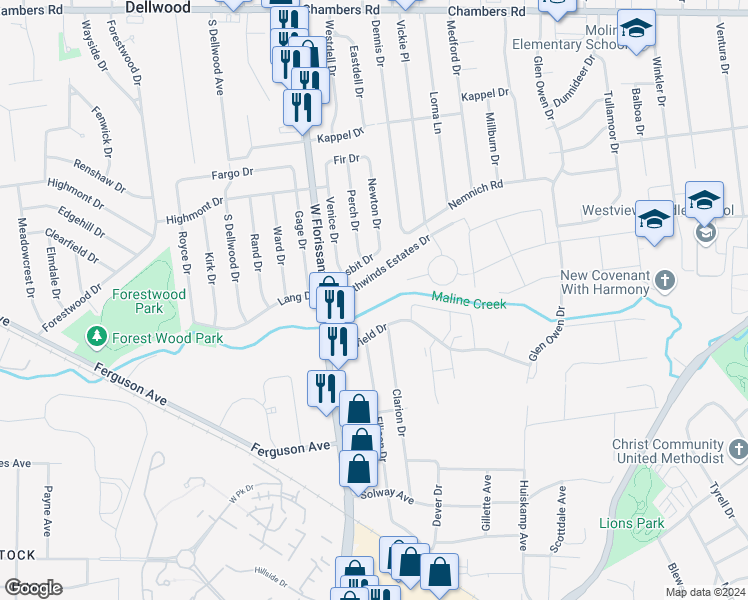 map of restaurants, bars, coffee shops, grocery stores, and more near 3039 Canfield Drive in St. Louis