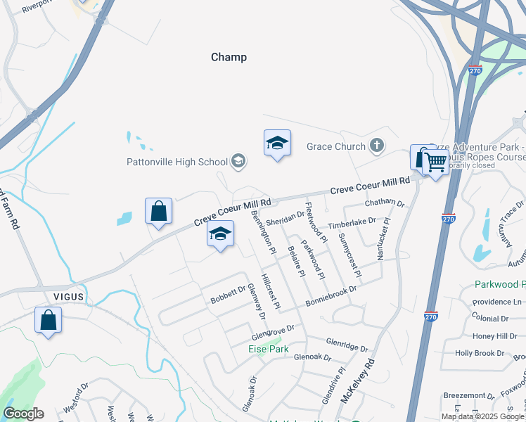 map of restaurants, bars, coffee shops, grocery stores, and more near 12237 Bennington Place in Maryland Heights