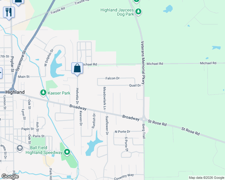 map of restaurants, bars, coffee shops, grocery stores, and more near 55 Meadowlark Lane in Highland