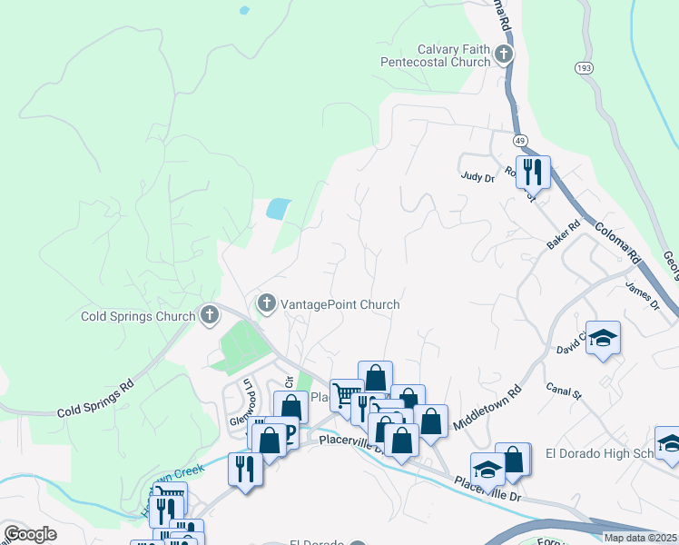 map of restaurants, bars, coffee shops, grocery stores, and more near 2655 Woodridge Court in Placerville