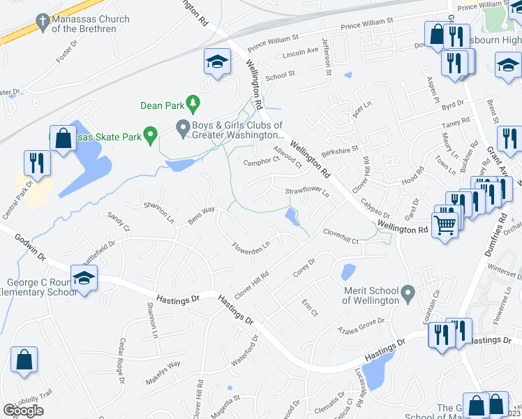 map of restaurants, bars, coffee shops, grocery stores, and more near 9355 Gloxinia Way in Manassas