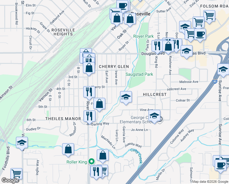 map of restaurants, bars, coffee shops, grocery stores, and more near 338 Irene Avenue in Roseville