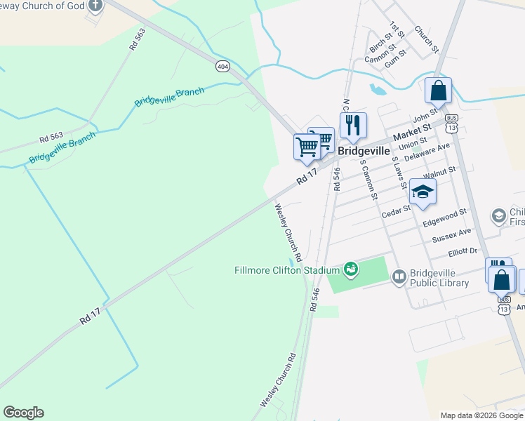 map of restaurants, bars, coffee shops, grocery stores, and more near 7437 Federalsburg Road in Bridgeville