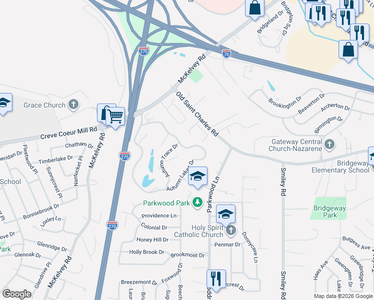 map of restaurants, bars, coffee shops, grocery stores, and more near 3101 Autumn Shores Drive in Maryland Heights