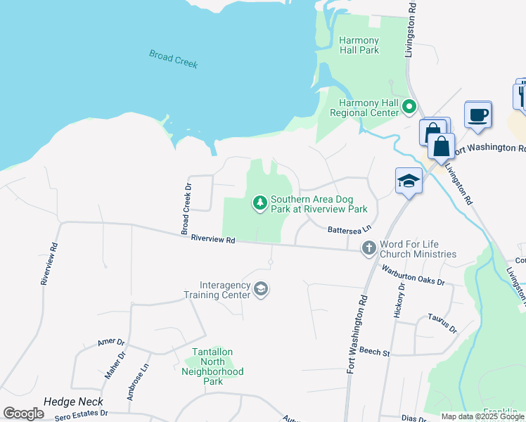 map of restaurants, bars, coffee shops, grocery stores, and more near 10535 Riverview Road in Fort Washington
