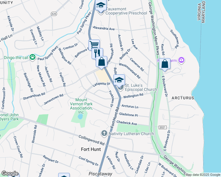 map of restaurants, bars, coffee shops, grocery stores, and more near 8007 Yorktown Drive in Alexandria