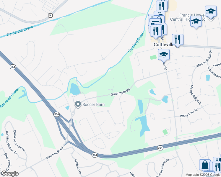 map of restaurants, bars, coffee shops, grocery stores, and more near 5271 Gutermuth Road in Saint Charles