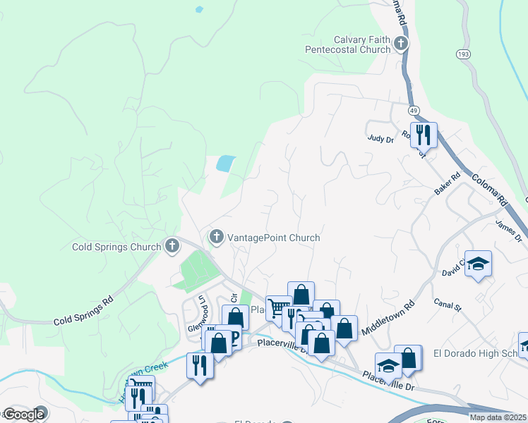 map of restaurants, bars, coffee shops, grocery stores, and more near 2644 Woodridge Court in Placerville