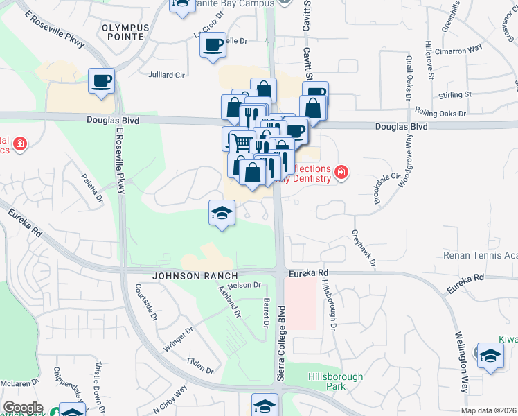 map of restaurants, bars, coffee shops, grocery stores, and more near 8680 County Route E3 in Roseville