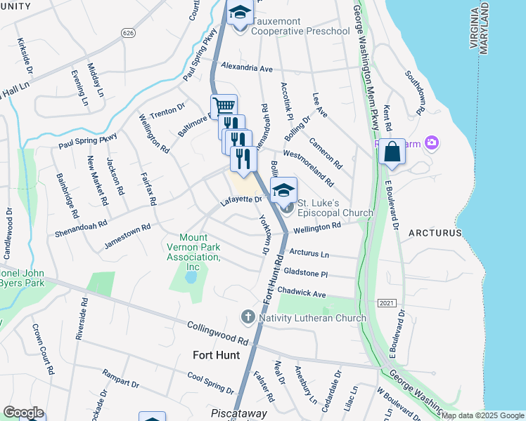 map of restaurants, bars, coffee shops, grocery stores, and more near 8007 Yorktown Drive in Alexandria