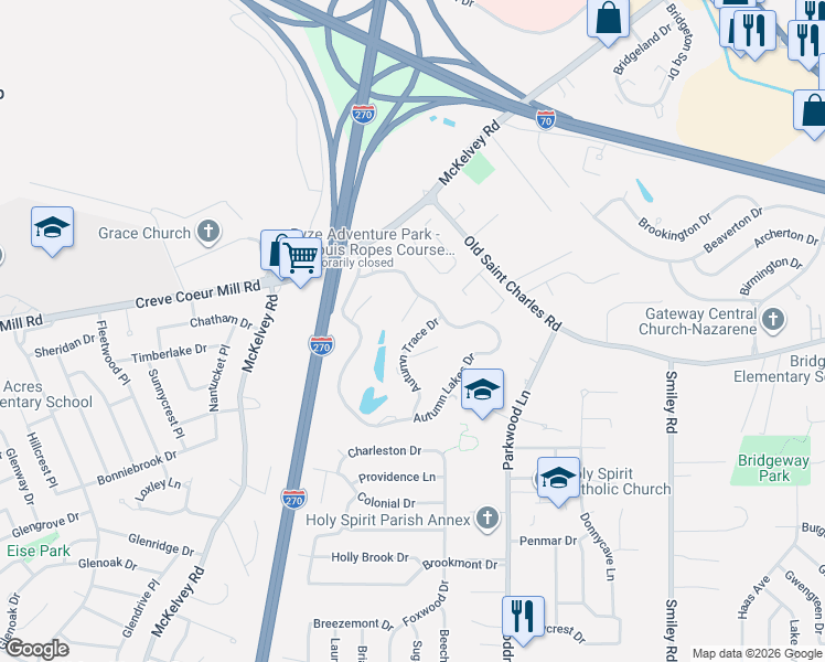 map of restaurants, bars, coffee shops, grocery stores, and more near 4 Autumn Shores Court in Maryland Heights