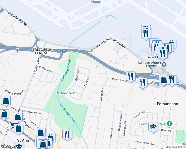 map of restaurants, bars, coffee shops, grocery stores, and more near 11001 Saint Pius Lane in Saint Ann