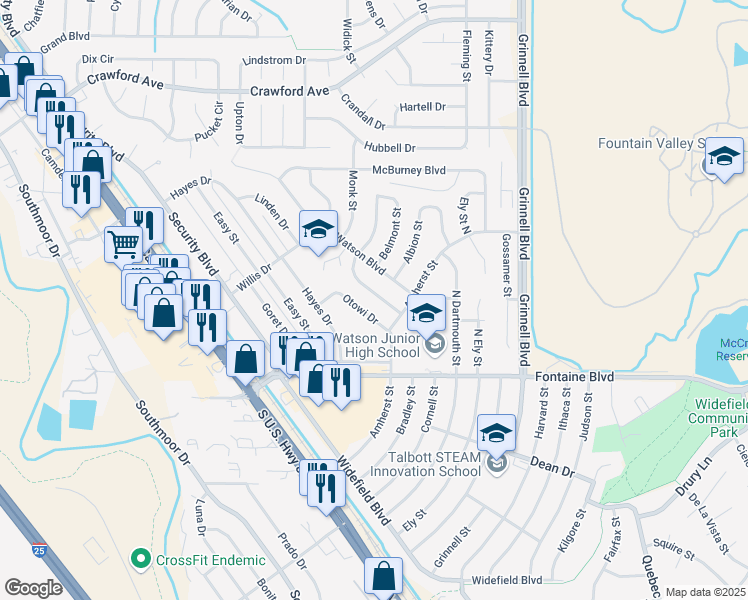 map of restaurants, bars, coffee shops, grocery stores, and more near 95 Landoe Lane in Colorado Springs