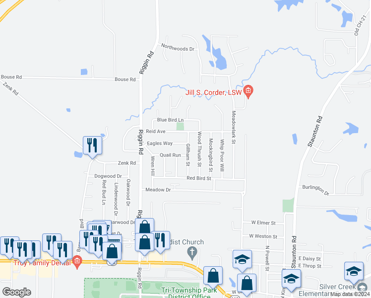 map of restaurants, bars, coffee shops, grocery stores, and more near 528 Gillham Street in Troy
