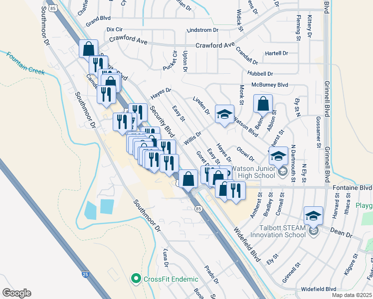 map of restaurants, bars, coffee shops, grocery stores, and more near 81 Security Boulevard in Colorado Springs