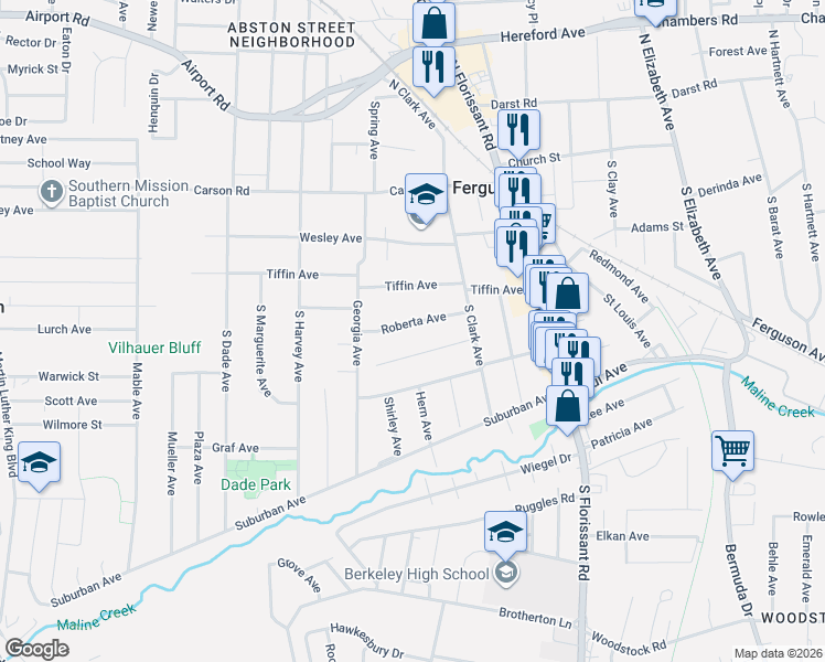 map of restaurants, bars, coffee shops, grocery stores, and more near 319 Roberta Avenue in Ferguson