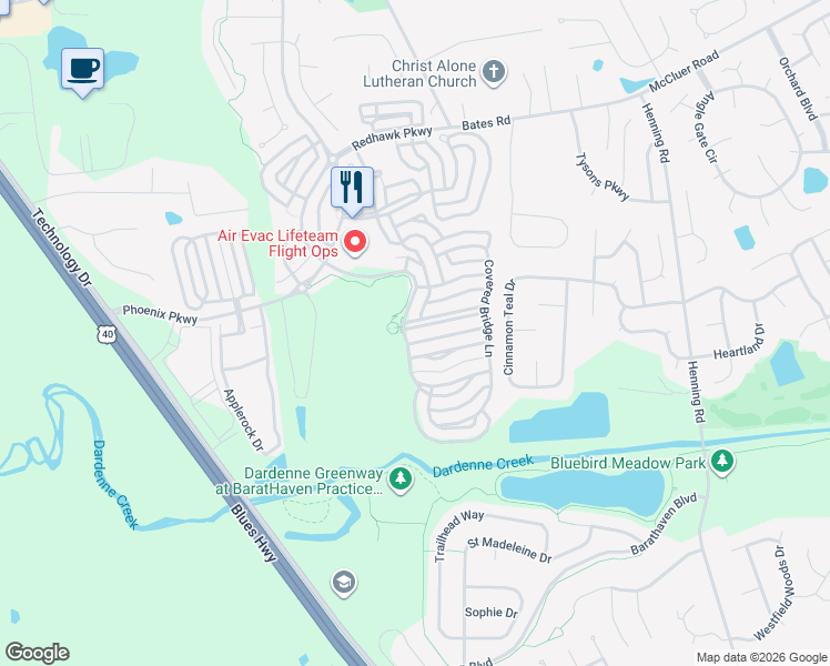 map of restaurants, bars, coffee shops, grocery stores, and more near 837 Boardwalk Springs Place in O'Fallon