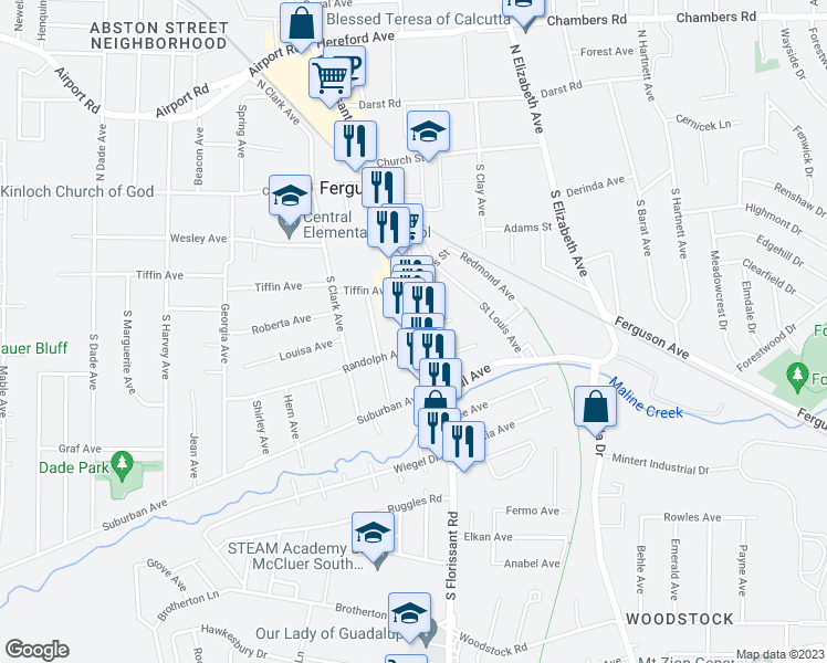 map of restaurants, bars, coffee shops, grocery stores, and more near South Florissant Road in Ferguson