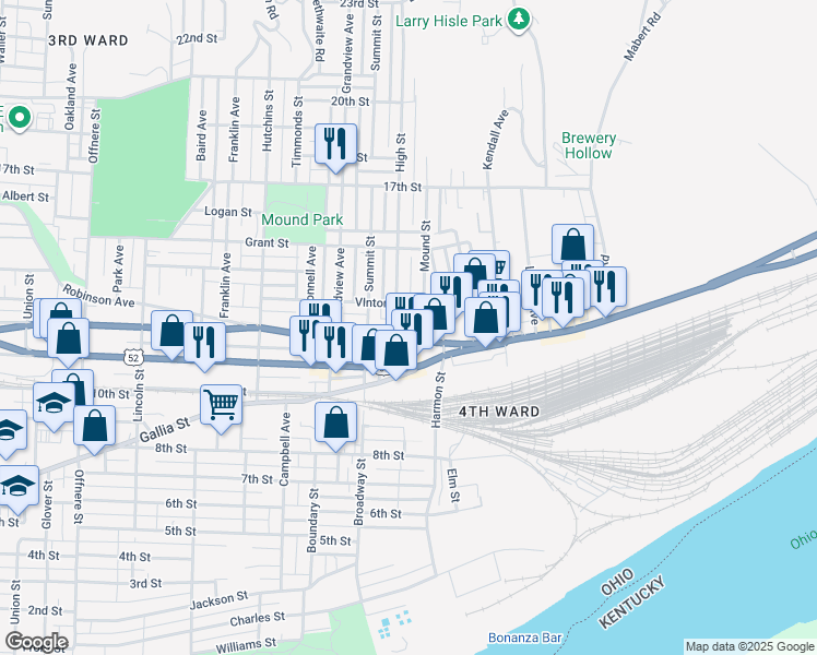 map of restaurants, bars, coffee shops, grocery stores, and more near 2212 VInton Avenue in Portsmouth