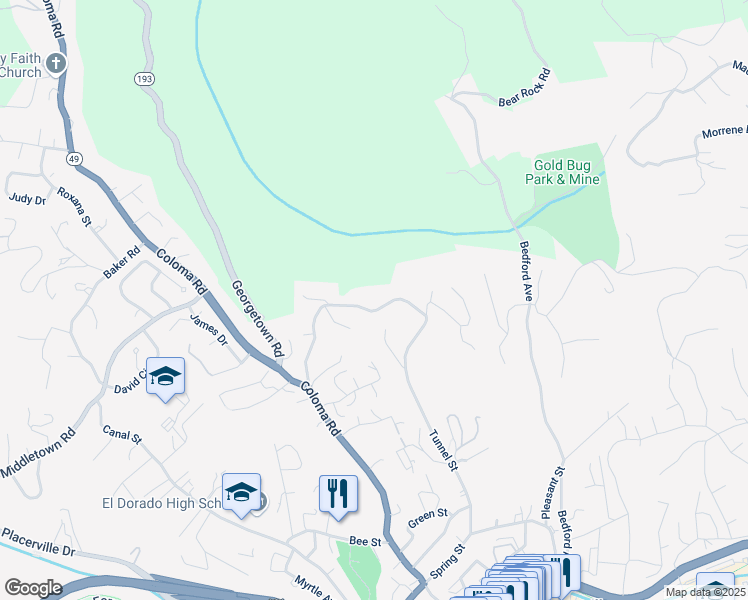 map of restaurants, bars, coffee shops, grocery stores, and more near 957 Oak Terrace Road in Placerville
