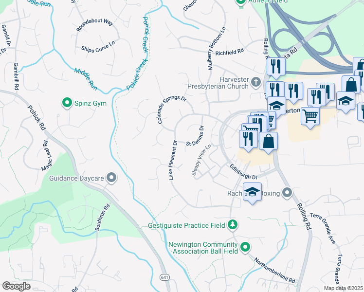 map of restaurants, bars, coffee shops, grocery stores, and more near 8000 Lady Lewis Court in Springfield