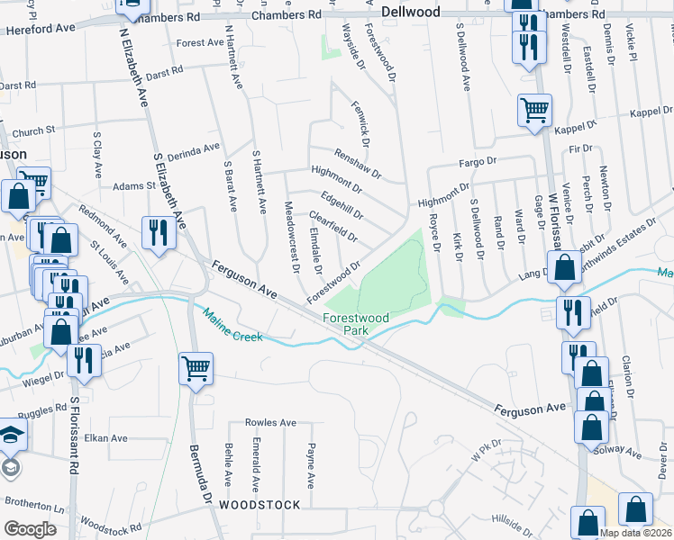 map of restaurants, bars, coffee shops, grocery stores, and more near 283 Dashwood Drive in Ferguson