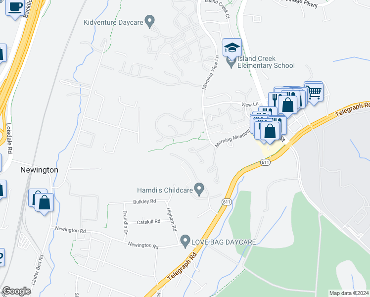 map of restaurants, bars, coffee shops, grocery stores, and more near 6652 High Valley Lane in Alexandria