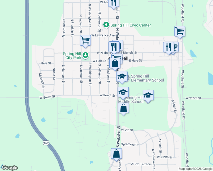 map of restaurants, bars, coffee shops, grocery stores, and more near 401 South Madison Street in Spring Hill