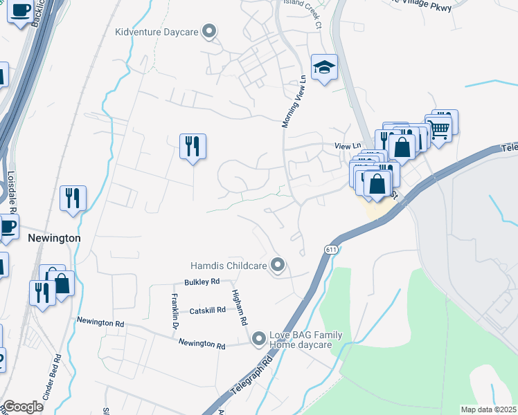 map of restaurants, bars, coffee shops, grocery stores, and more near 6652 High Valley Lane in Alexandria