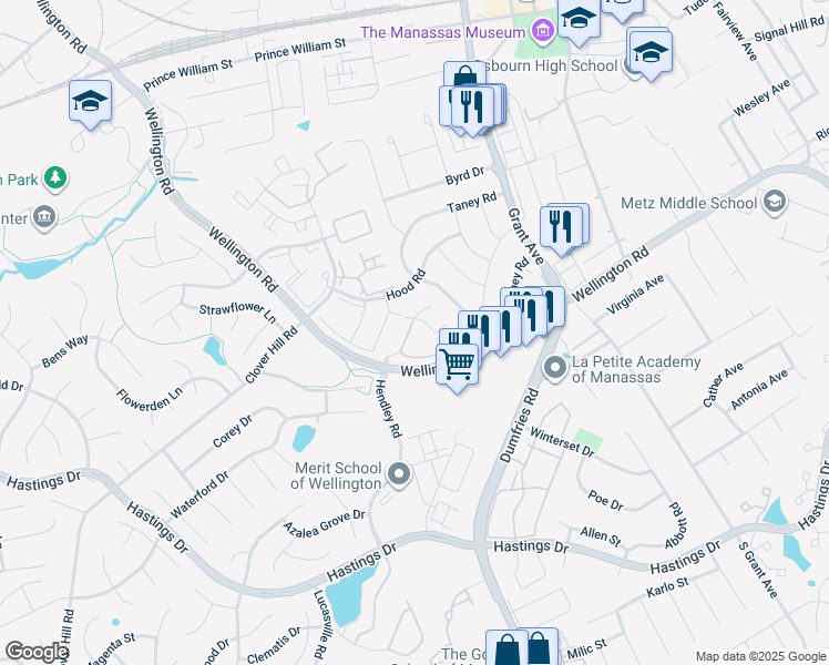 map of restaurants, bars, coffee shops, grocery stores, and more near 9321 Garst Drive in Manassas