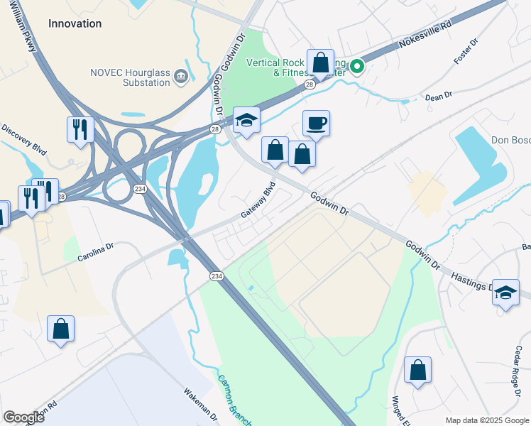 map of restaurants, bars, coffee shops, grocery stores, and more near 10485 Ratcliffe Trail in Manassas